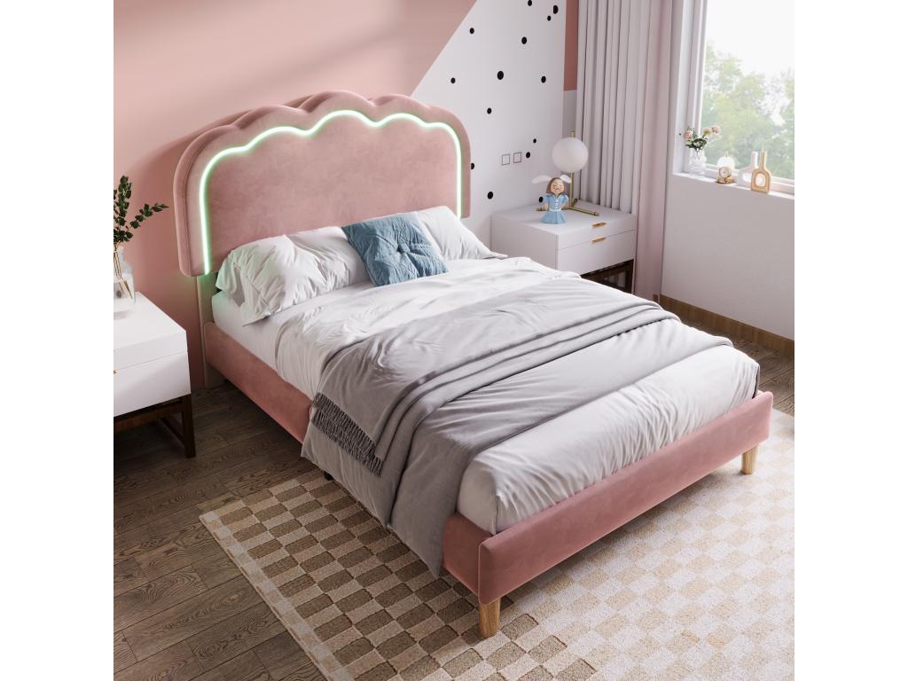 Upholstered single bed with LED lighting, 90x190 cm bed frame with flat noodle support and adjustable headboard UNQQ27722