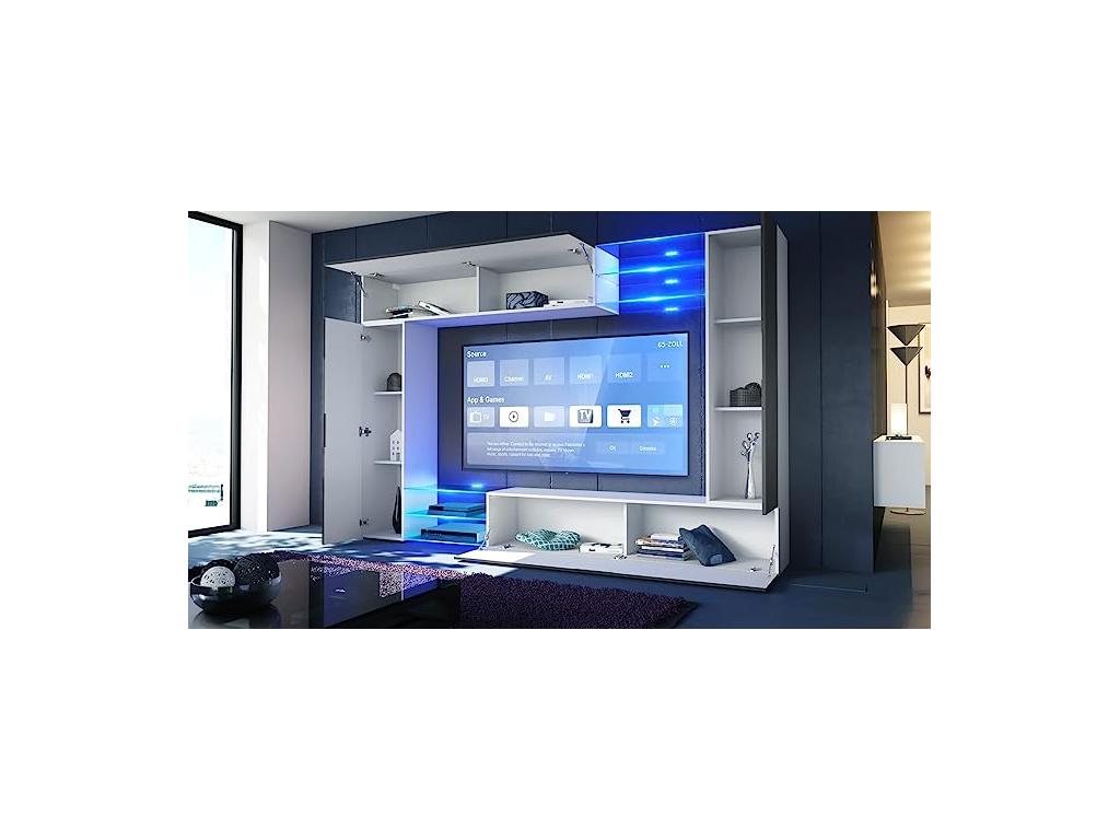 Wall unit with matte white body/high-gloss black LED fronts, 183x262x39 cm, WGGN01507