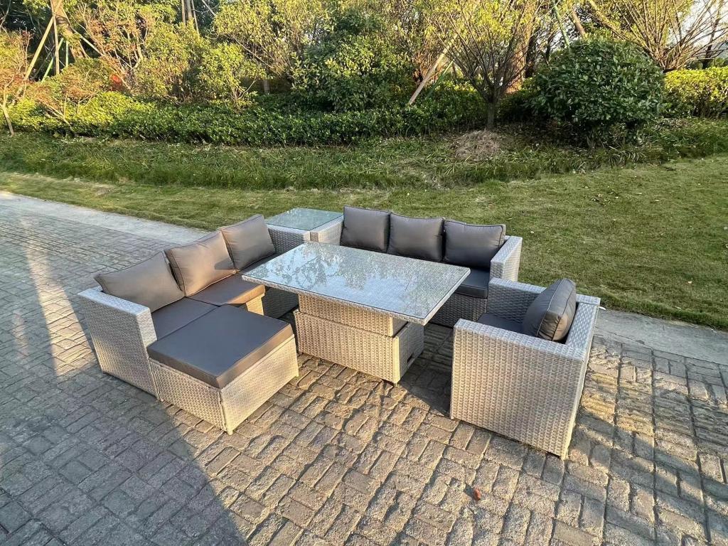 Outdoor Garden Furniture Set Height-Adjustable Dining Table with Sofa, Armchair, Side Table, Large Stools, Light Grey GADA05327