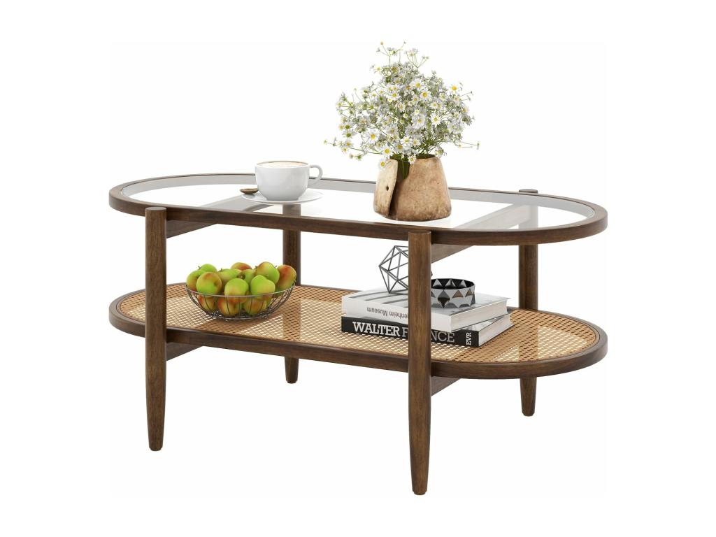 Wooden Coffee Table, Oval Living Room Coffee Table, Curved Wood Frame, Cane Design, PE Rattan Coffee Table, Organic Coffee Table, 90x50x45cm, JUVO75179