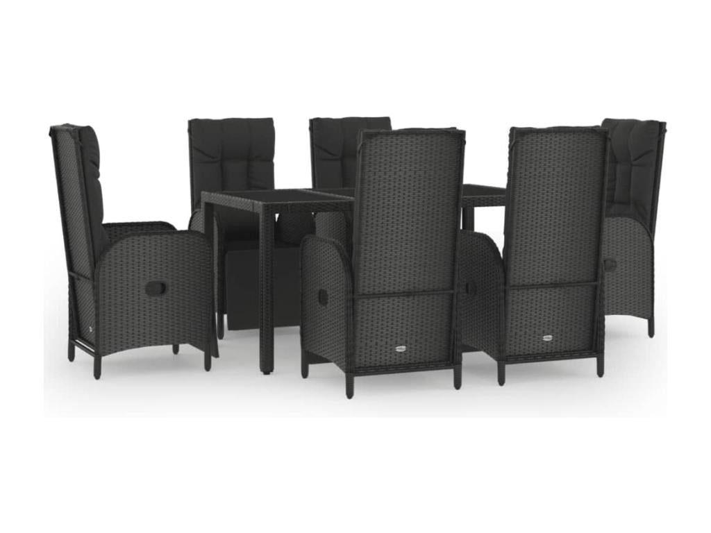 7-piece garden dining set with cushions, black and grey rattan, VQAL42569