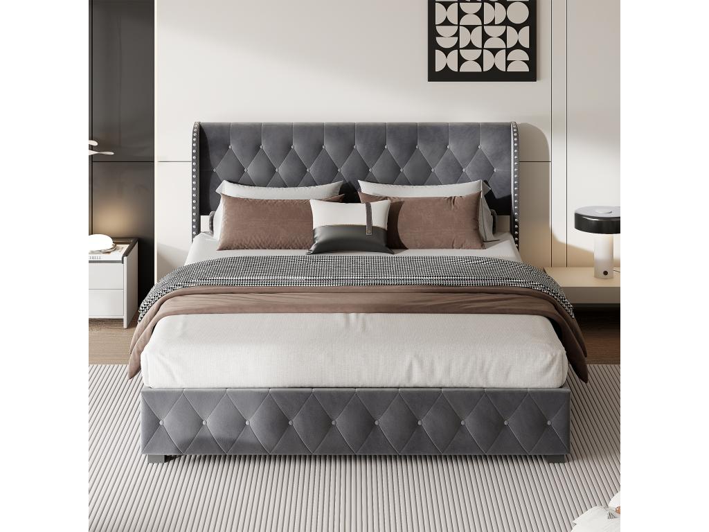 Upholstered velvet storage bed - decorated with rivets - with slatted base - 180x200cm - Grey WMUV30099