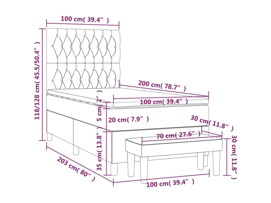Bed base and mattress, light grey, 100x200cm, velvet, IPCZ12919