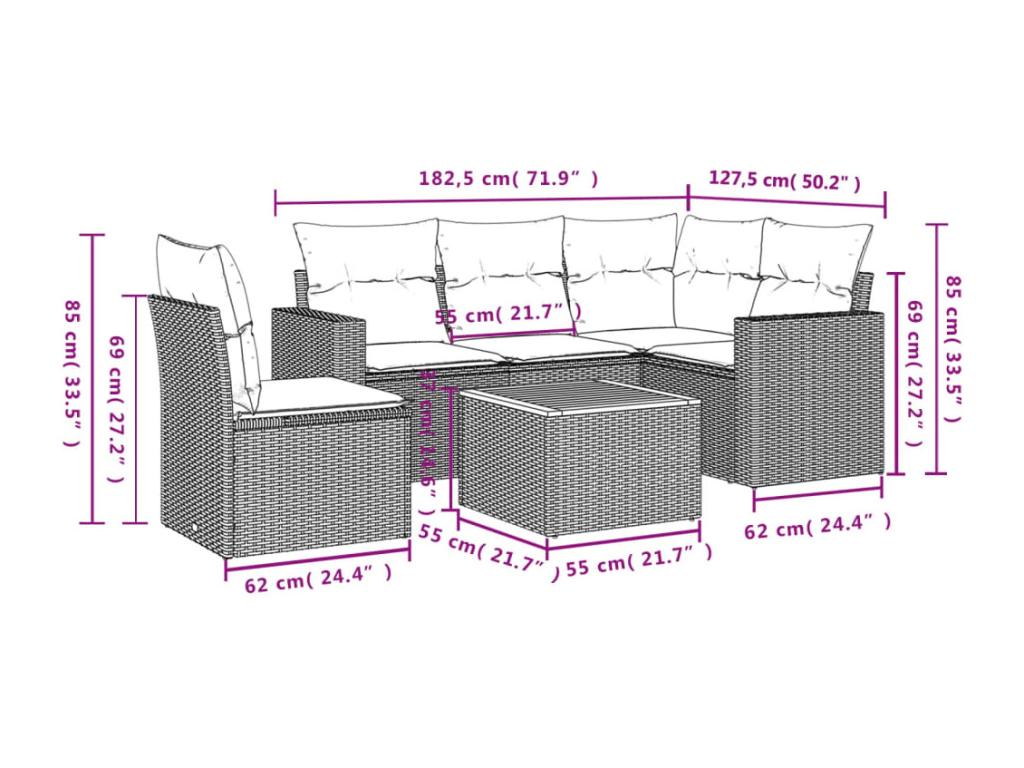 6-piece garden furniture set with cushions, black woven resin ZCBH98821
