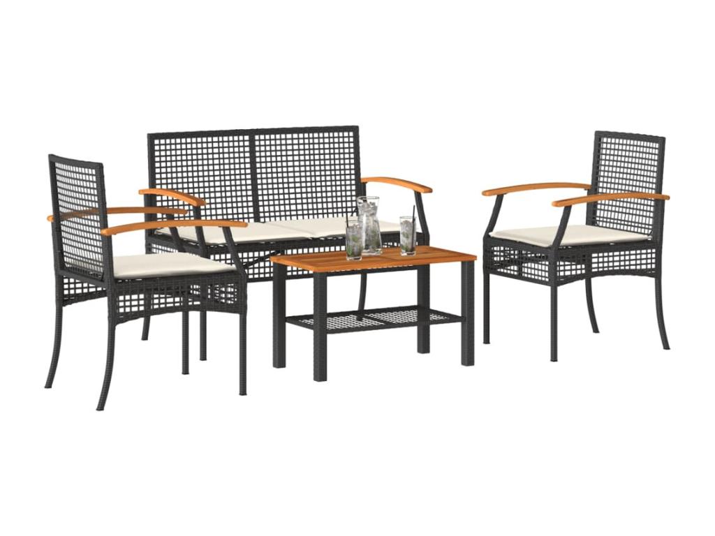 4-piece garden furniture set with cushions, black wicker resin, DMEX94757