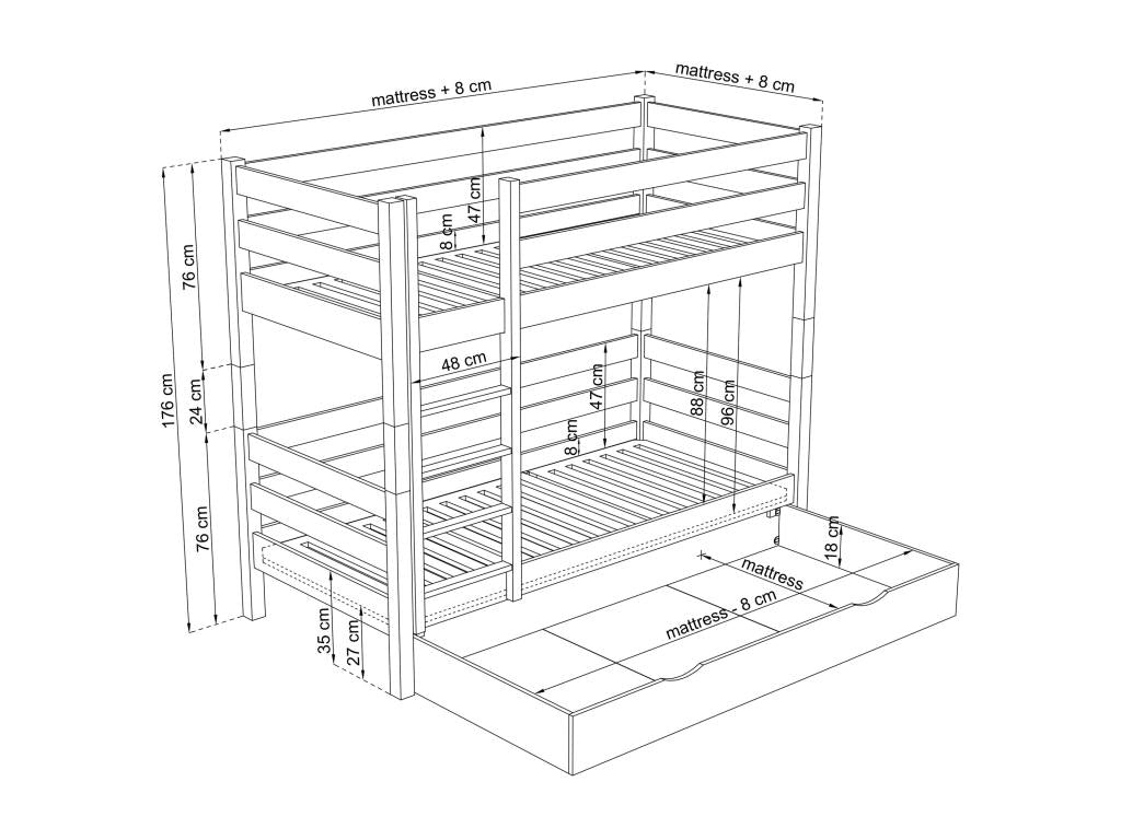 Wooden bunk bed - with drawer N01 Light Pine 80x190 KRVP97148