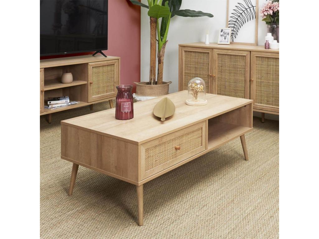 Elariva - Coffee Table with 1 Drawer, Wood Effect and Rattan Front GIVL61476