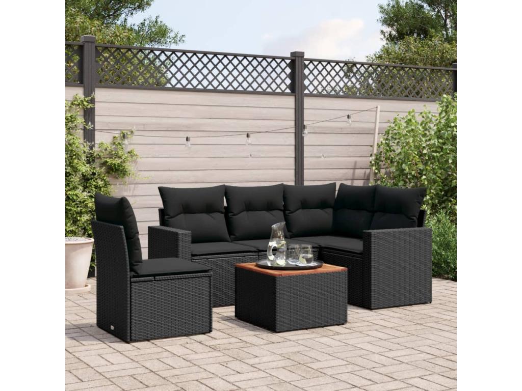 6-piece garden furniture set with cushions, black woven resin ZCBH98821
