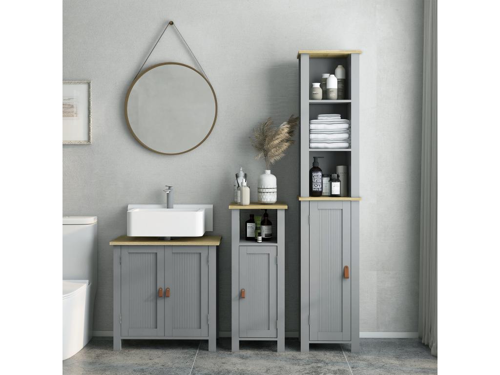 Bathroom vanity unit with freestanding door, 2 shelves, niche, light grey wood-look top AQDM21870