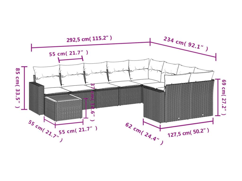 10-piece garden furniture set with cushions, black woven resin DLJR51897