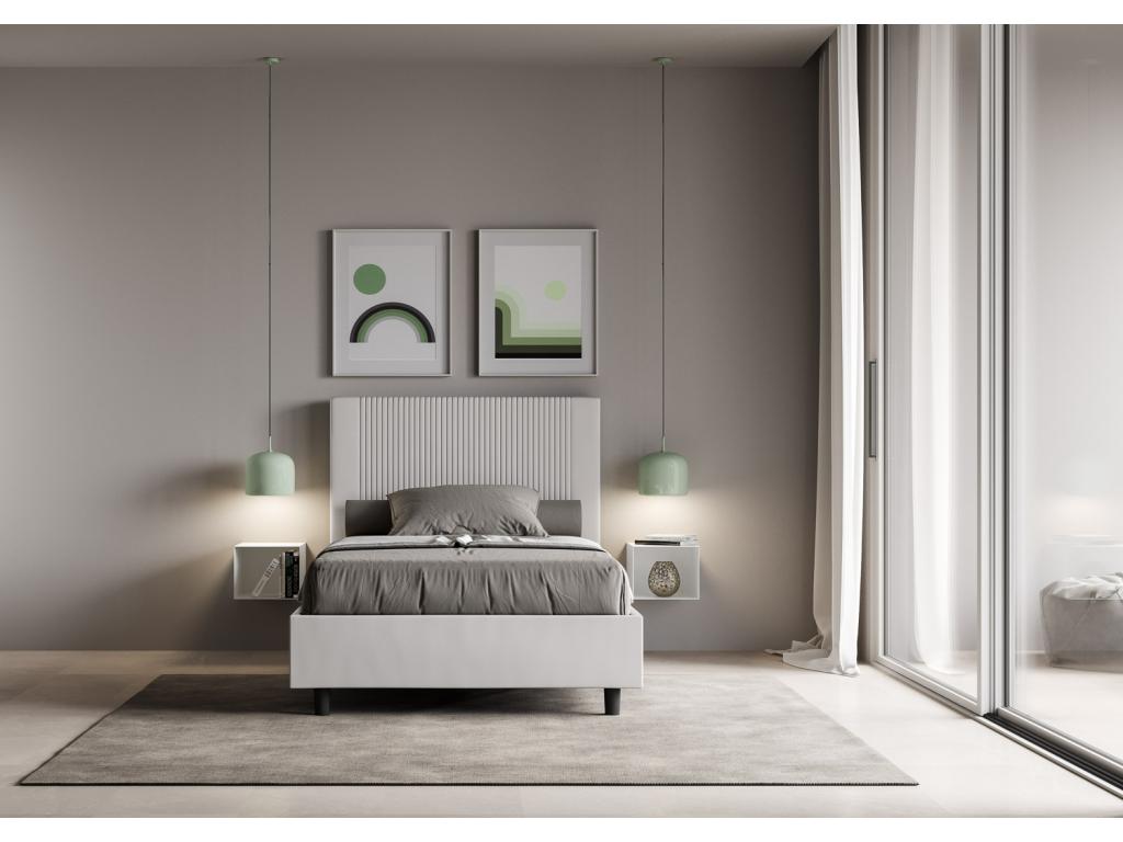 Modern bed with quilted faux leather headboard featuring vertical stripes, Bazen style - White - 90x190cm - Optional storage QRYF51398