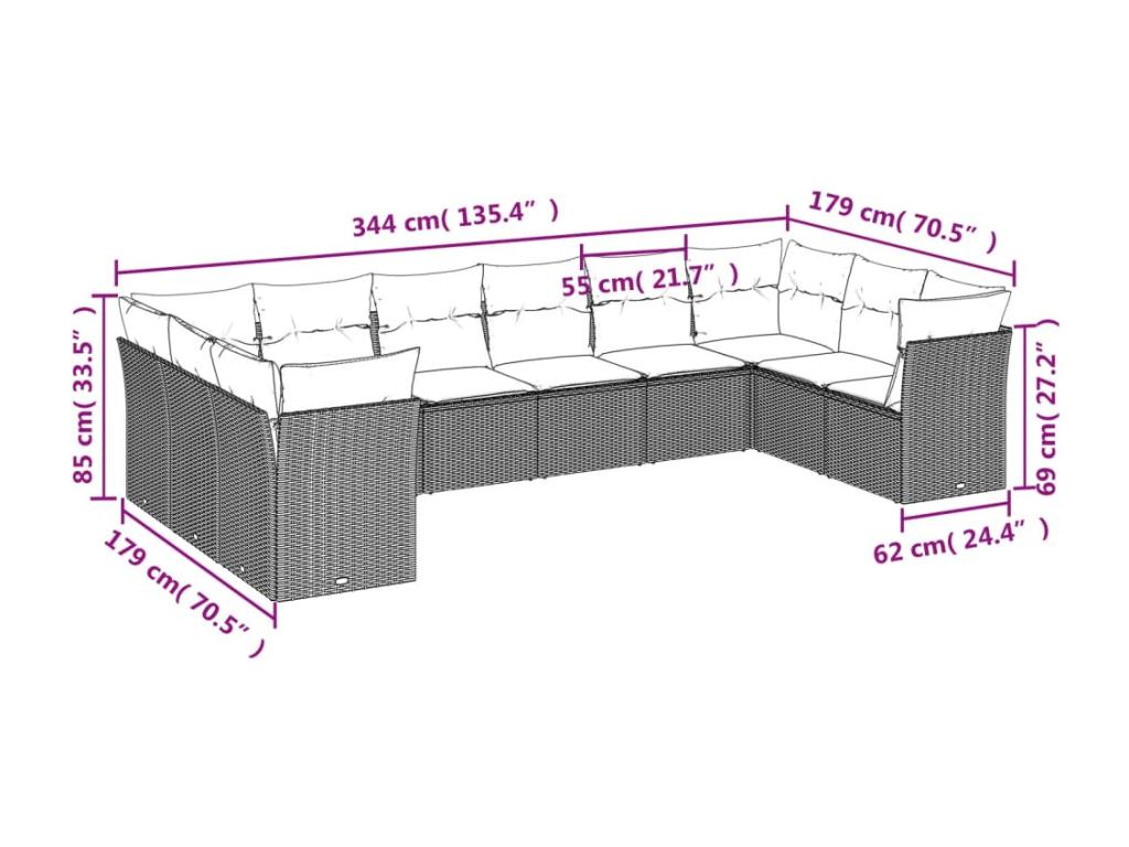 Garden furniture set with cushions, 10 pieces, beige woven resin, KWGG20380