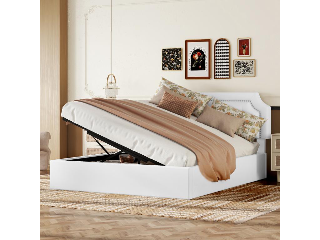Upholstered PU storage bed, 2-way hydraulic bed with slatted base and elegant white headboard, 160x200cm FKLC30251