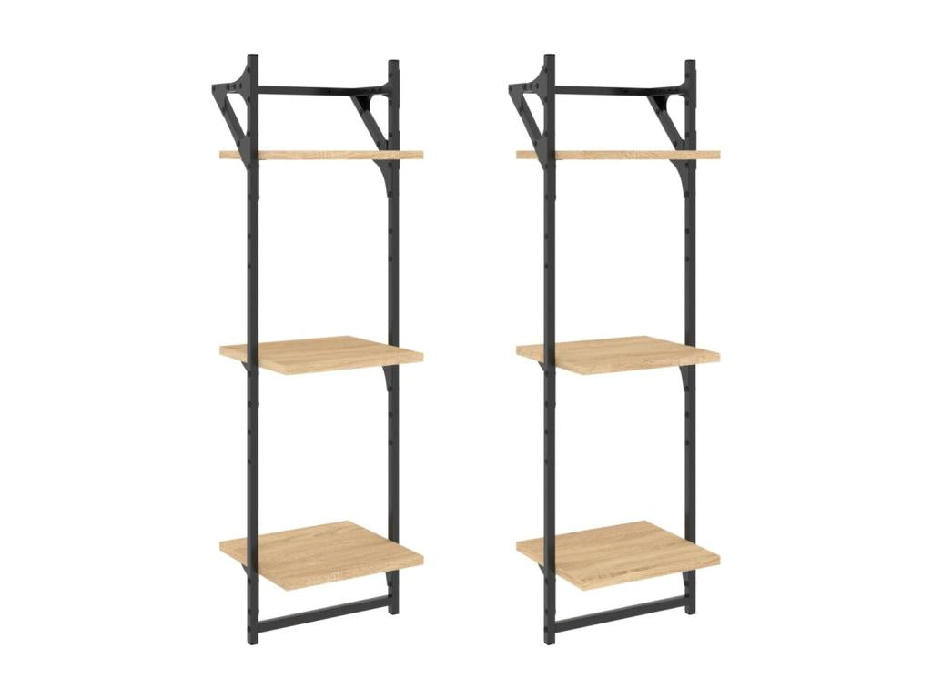 3-Tier Wall Shelves with Bars, 2 pcs, Oak, Boisona LKPM65382