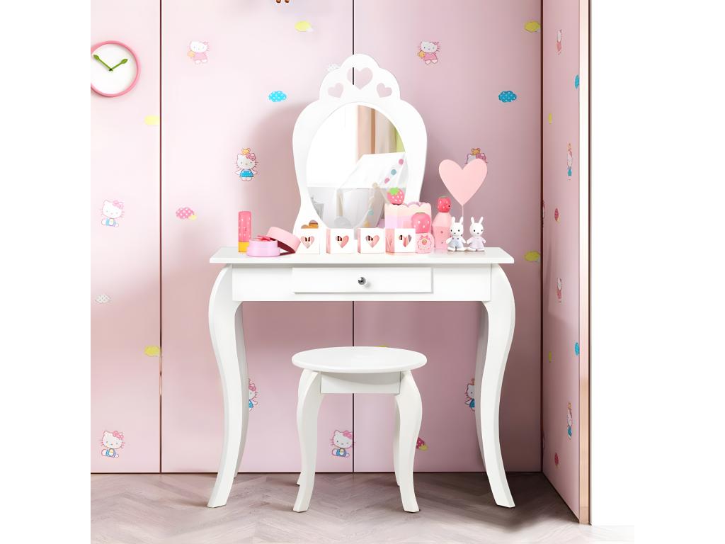 Children's Dressing Table with Mirror Included, Makeup Table and Stool, Removable Top, Contemporary Style, 70x34x105 cm, White, LENS84321