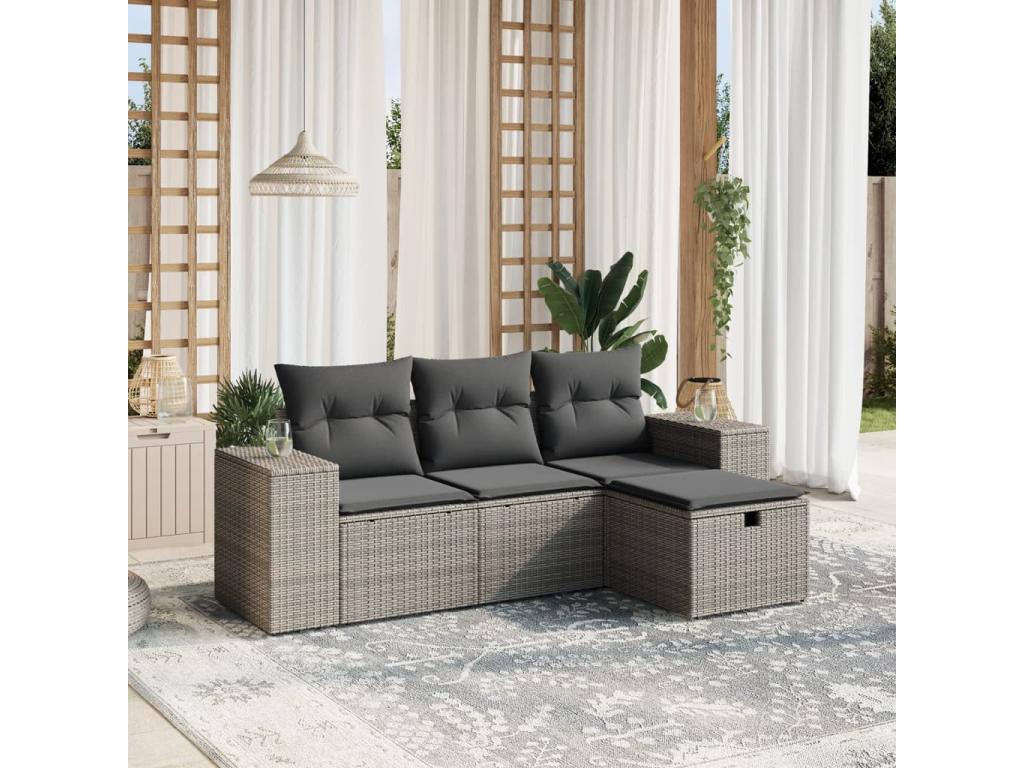 4-piece garden furniture set with grey resin wicker cushions KVSE94142