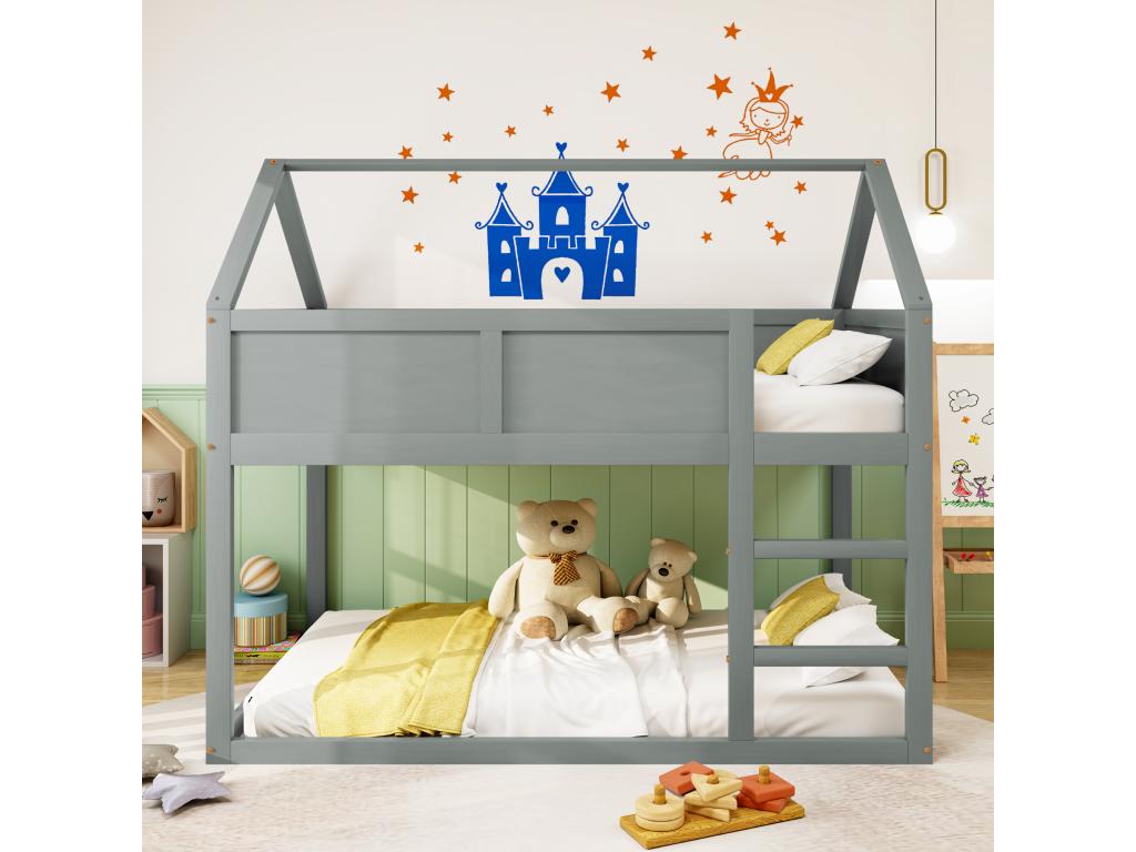 Children's bunk bed 2x90x200 cm loft bed with staircase, solid wood frame, grey ZUJF00912