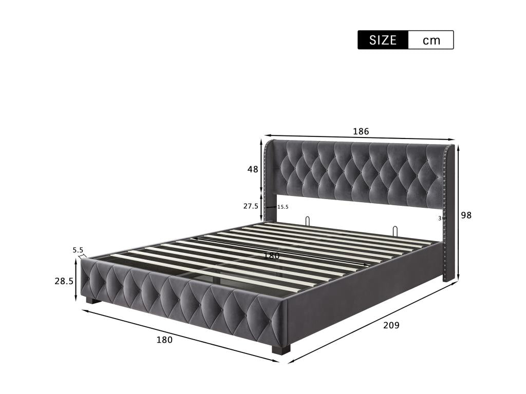 Upholstered velvet storage bed - decorated with rivets - with slatted base - 180x200cm - Grey WMUV30099