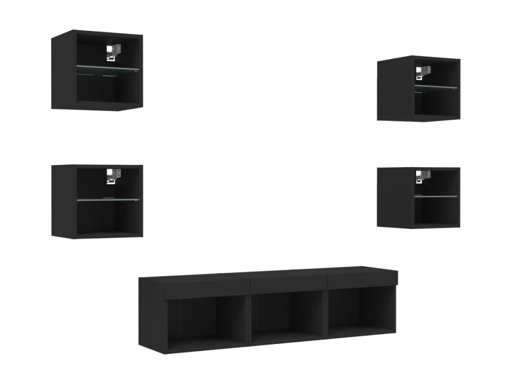 TV wall units with LED, 7 pieces, black engineered wood finish, DEFW17434