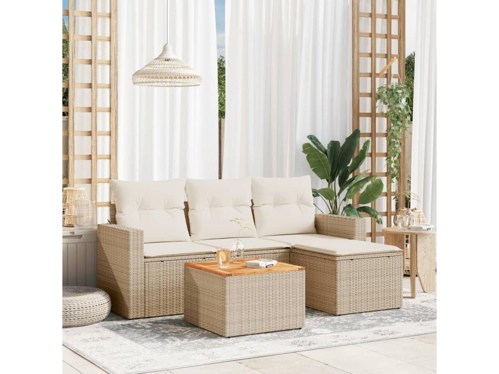 5-piece garden furniture set with cushions, beige woven resin, IBAK06875