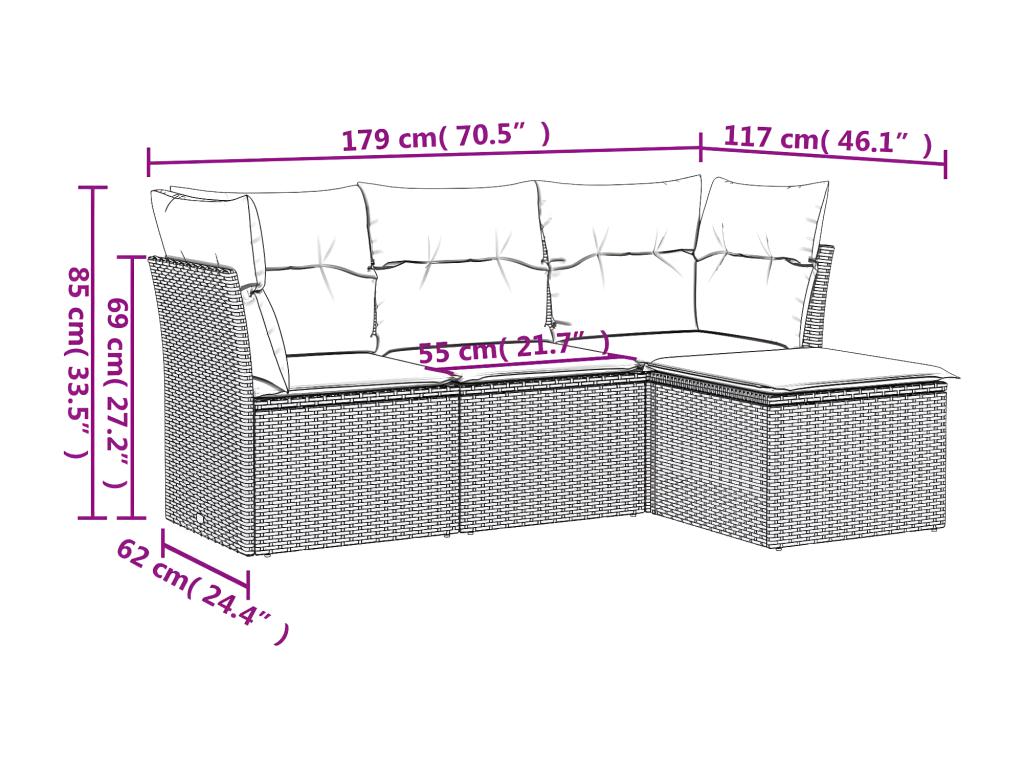 4-piece garden furniture set with cushions, black woven resin AZXY74395