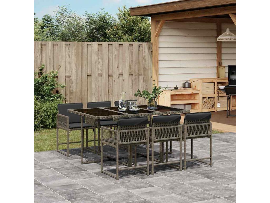 7-piece garden dining set and cushions, grey rattan KVON01489