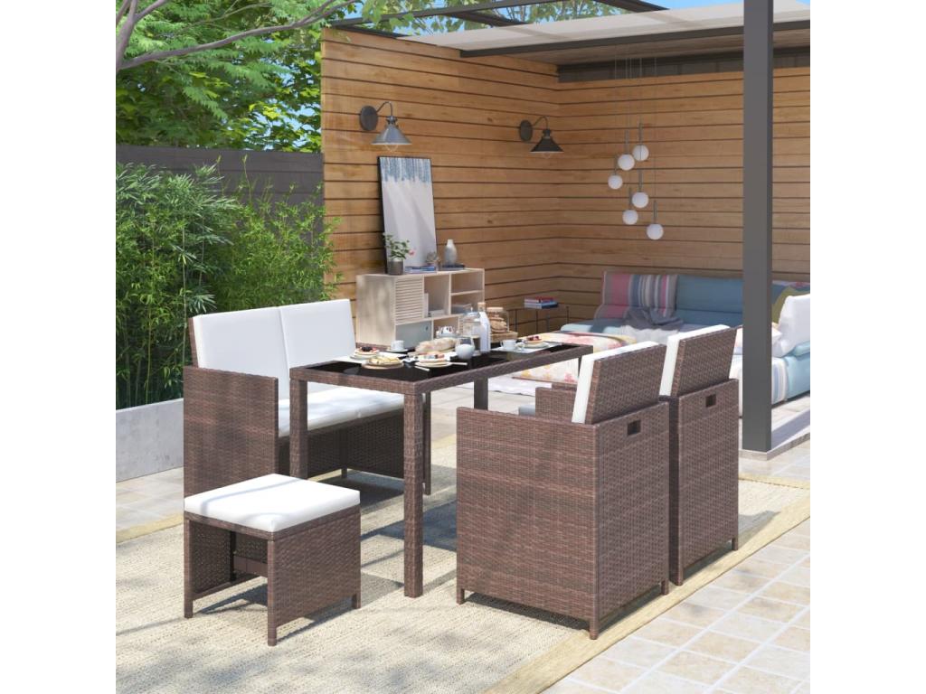 Outdoor dining set with cushions, 6 pieces, woven resin, MRBW77741