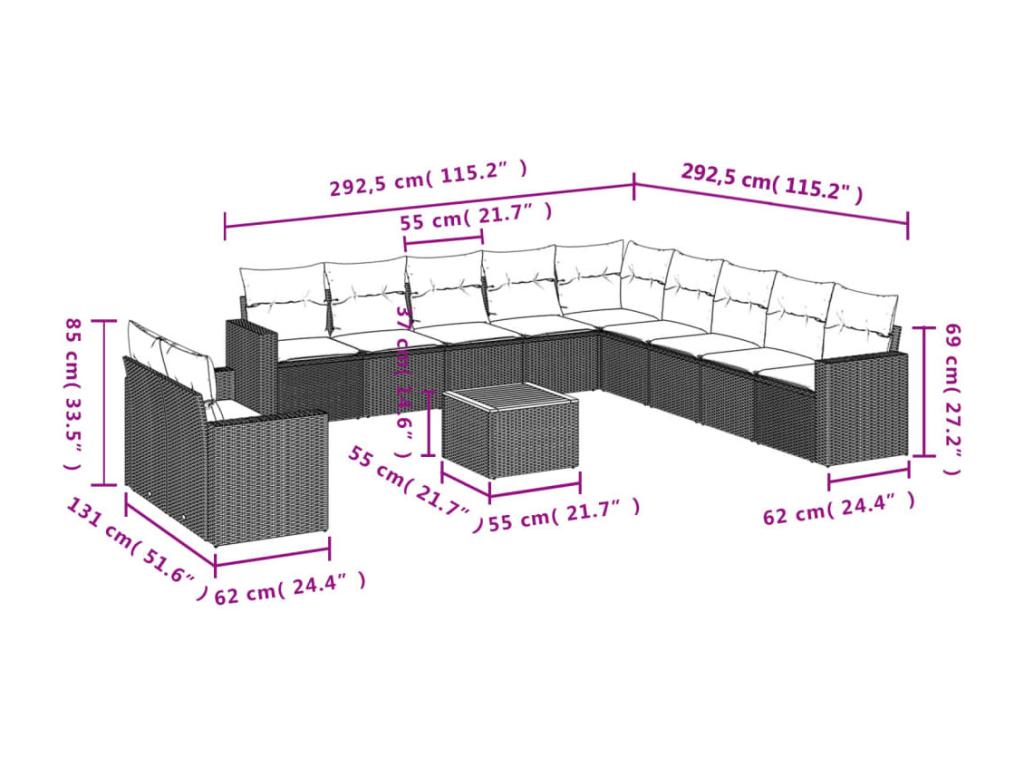Garden furniture set with cushions, 12 pieces, grey woven resin, OGZU94005