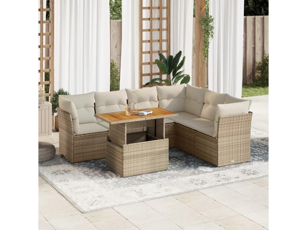 7-piece garden furniture set with cushions, beige woven resin UGMR06069