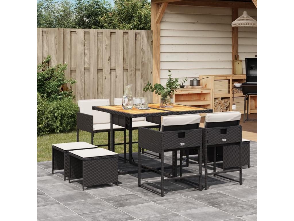 9-piece garden dining set with cushions, black resin wicker HPVR72328