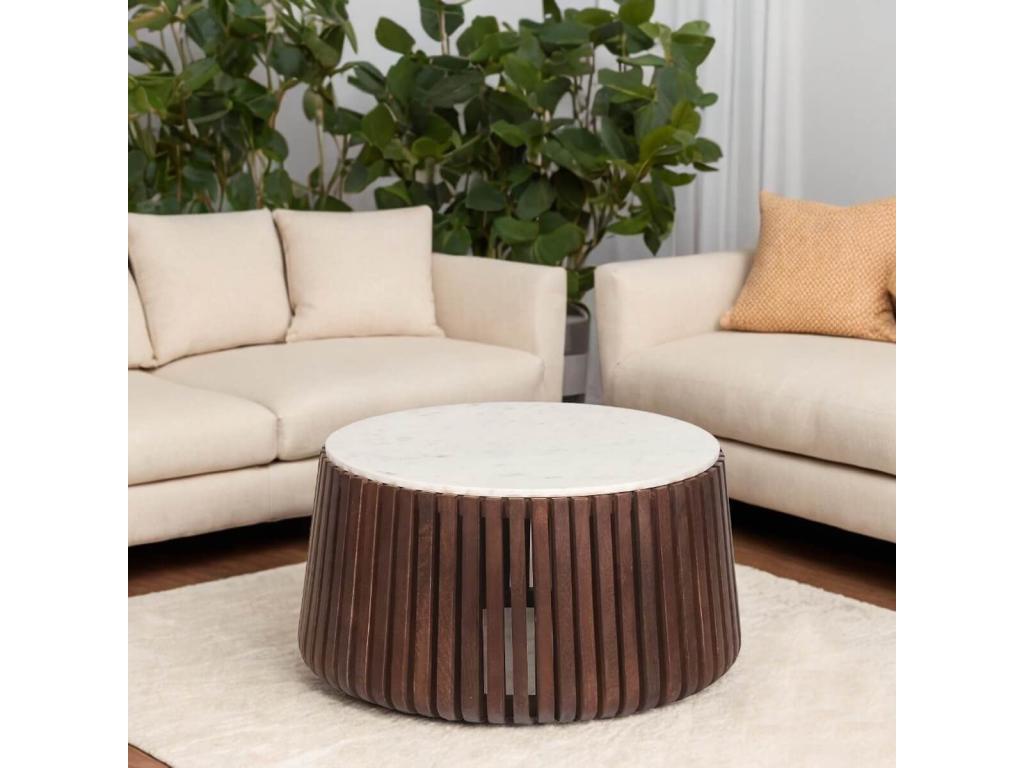 Elariva - White Marble Coffee Table with Walnut-Stained Mango Wood Base XRAX95183