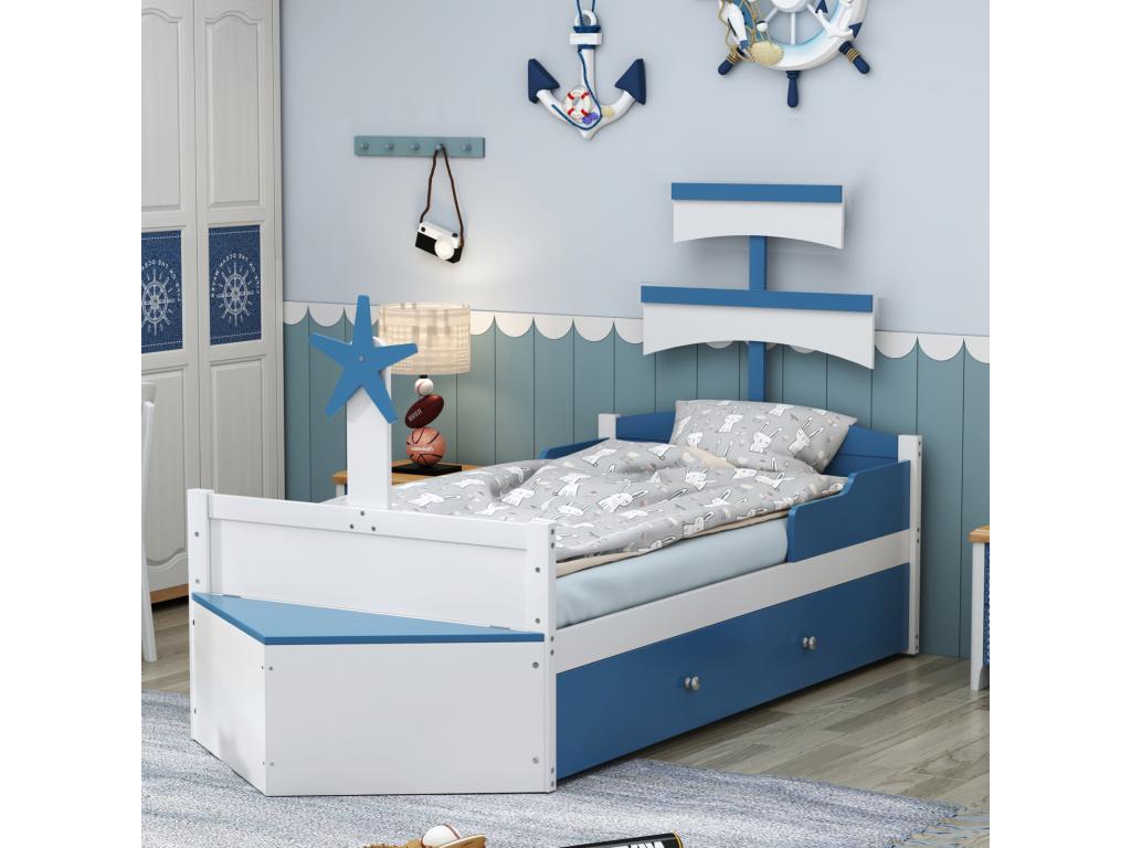 Children's single bed 90x200cm, sailboat-shaped bed frame with 1 large drawer and storage cupboard, blue NDWU14823