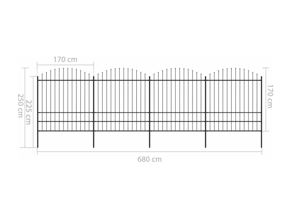Garden fence with spear-shaped top, steel, 1.75-2 x 6.8 m, black, ROVU17644