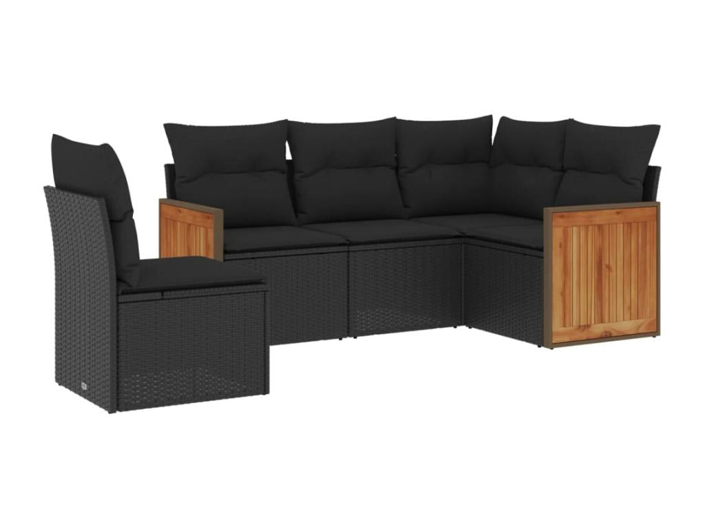 5-piece garden furniture set with cushions, black woven resin PAVQ21210