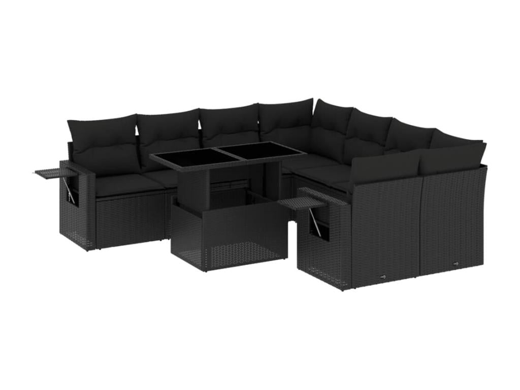 9-piece garden furniture set with cushions, black woven resin TDCK21858