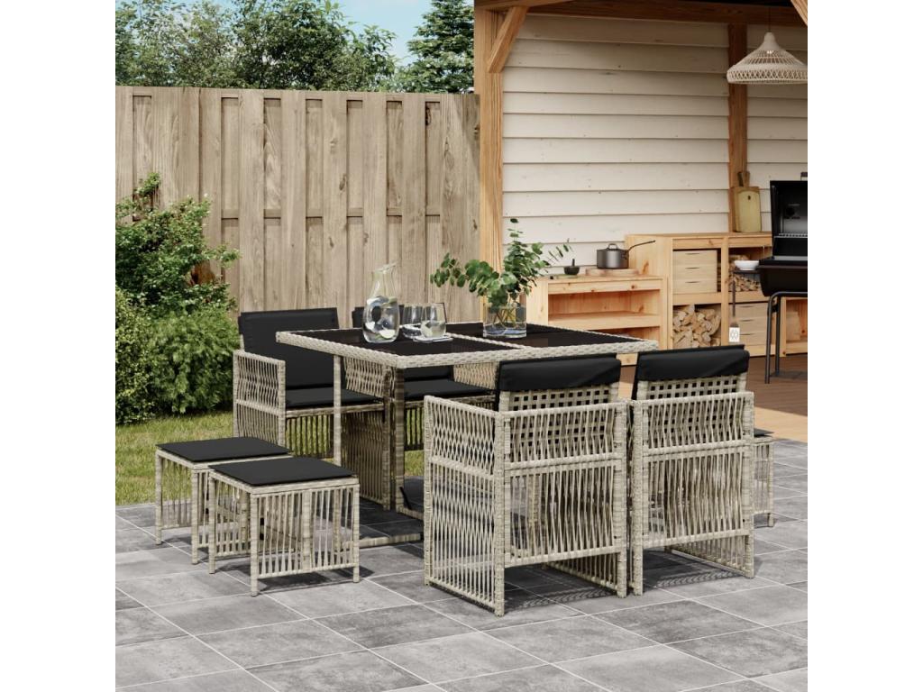 9-piece light grey rattan garden dining set and cushions TCRH33093