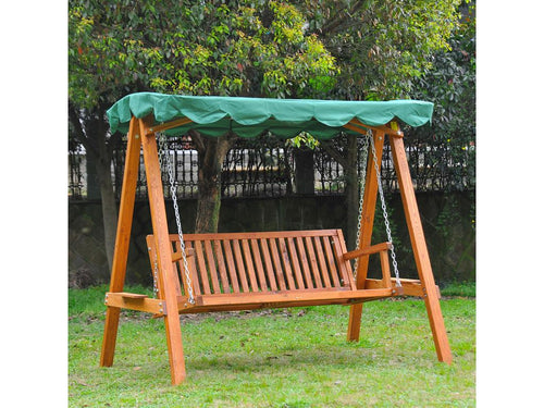 3-seater garden swing with 2 support shelves, 1.95m L x 1.3m W x 1.85m H, max load 360kg, green pine wood, FBPK42874
