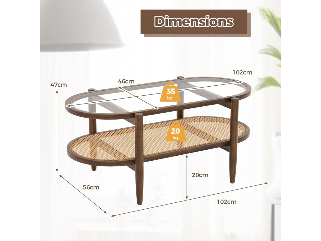 Wooden Coffee Table, Oval Living Room Coffee Table, Curved Wood Frame, Cane Design, PE Rattan Coffee Table, Organic Coffee Table, 90x50x45cm, JUVO75179