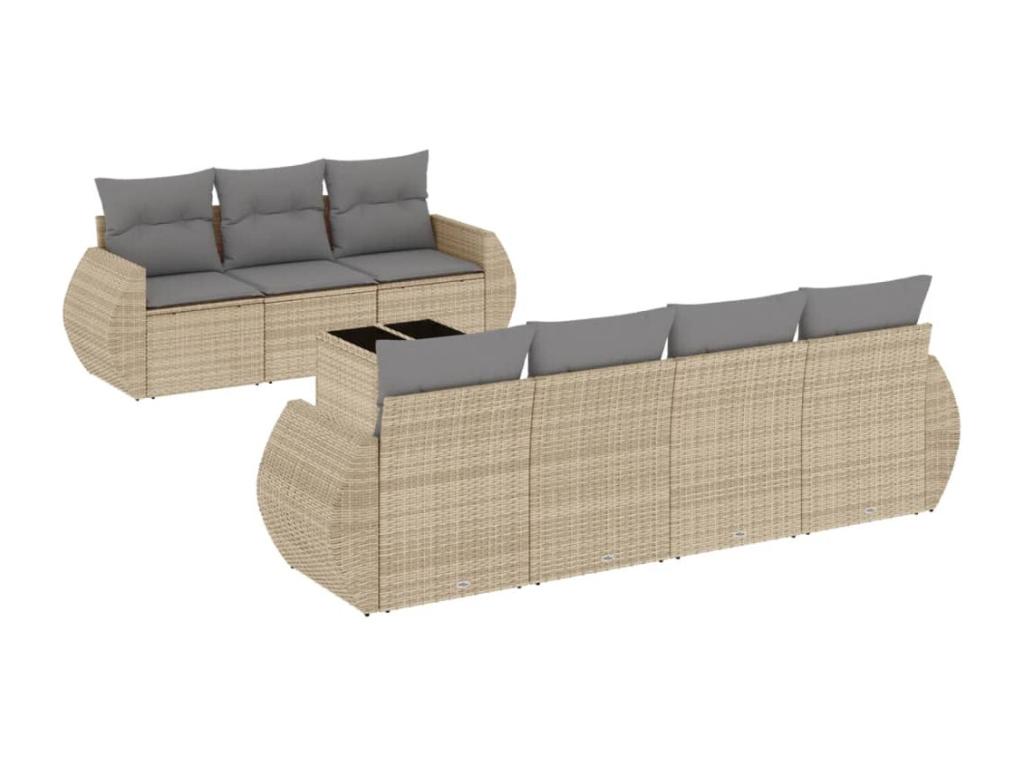 8-piece garden furniture set with cushions, beige woven resin, SJCB49876